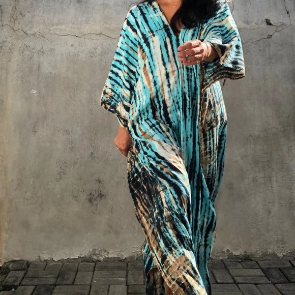 SOLD OUT Blue Boho Tie Dye Kaftan Kimono Dress - Picture 7 of 8
